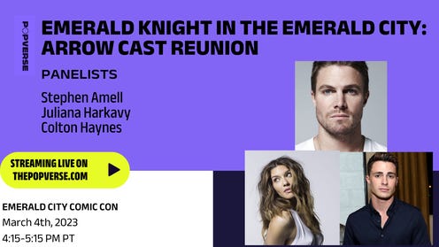 Watch the Arrow cast reunion with Stephen Amell, Juliana Harkavy, and Colton Haynes live from ECCC '23
