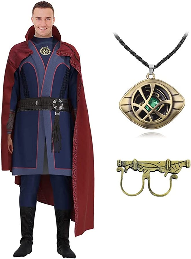 Image of smiling man wearing Doctor Strange costume next to two of his magic accessories