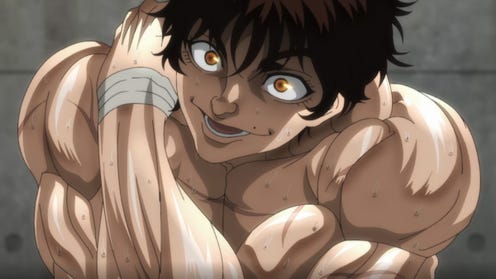 A muscular fighter smiles and flexes his biceps in Netflix's popular anime series Baki.