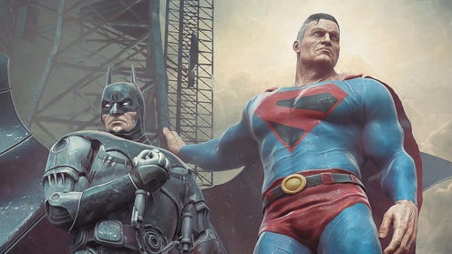 Kingdom Come Superman and Batman stand amidst rubble