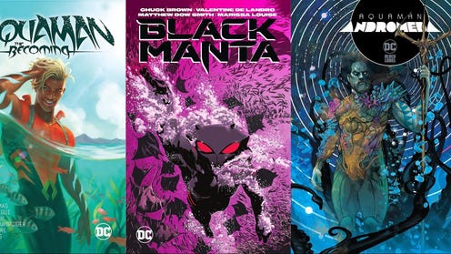 Three comics covers Aquaman, Black Manta, and Andromeda next to each other