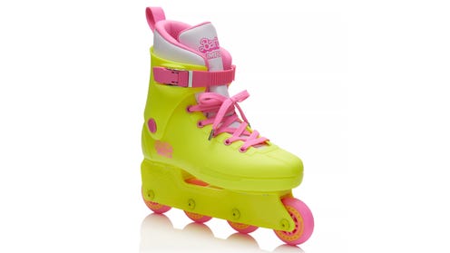 Promotional image of highlighter yellow and pink roller skate