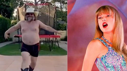 Jack Black dancing shirtless along with Taylor Swift from the Eras Tour poster